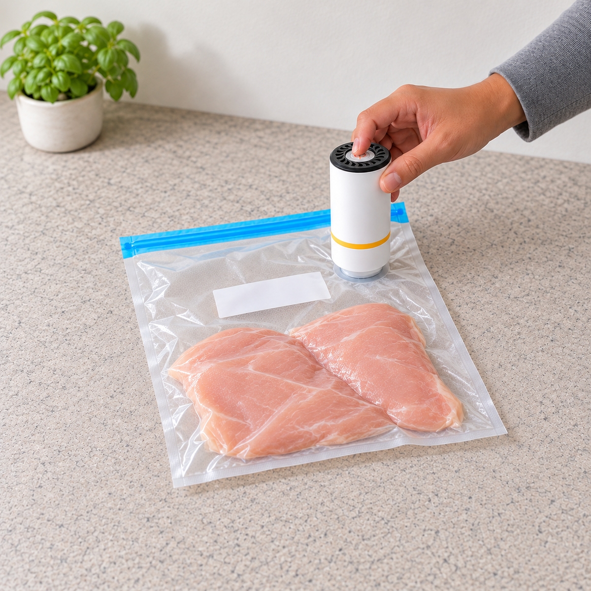 Una mano apoya la bomba de vacío para alimentos sobre la válvula de una bolsa con cierre. Adentro hay dos filetes de pollo crudo en una capa plana, sobre la barra de la cocina.
